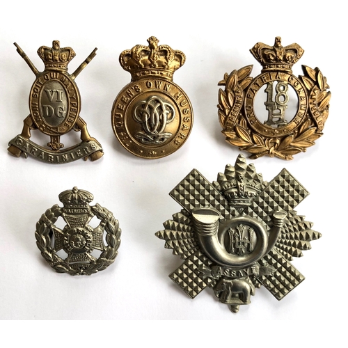 457 - 5 Victorian Cavalry & Infantry cap badges.  6th Dragoon Guards ... 7th QO Hussars ... 18th Hussars .... 