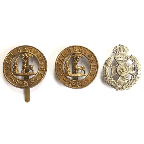 473 - 2 Royal Berkshire Regiment post 1885 pagri badges and another.  Good scarce die-stamped brass helmet... 