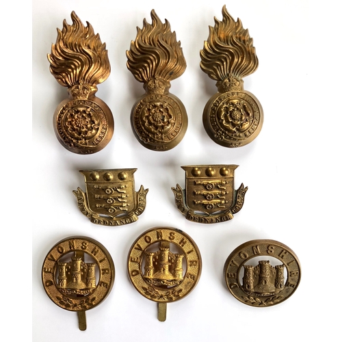 474 - 8 Victorian / Edwardian head-dress badges.  3 x Royal Fusiliers post 1901 fur cap grenades ... 2 x A... 