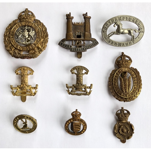 475 - 9 Yeomanry cap badges.  CLY Rough Riders ... Loyal Suffolk Hussars ... Northamptonshire ... 2 x Leic... 