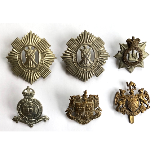 476 - 6 Victorian / Edwardian and OTC head-dress badges.  2 x Royal Scots white metal ... Devonshire QVC .... 