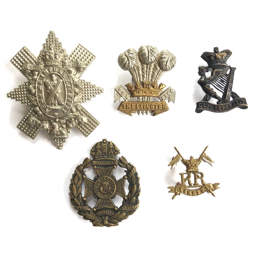 479 - 5 Victorian cap badges.  Black Watch ... Leinster ... Royal Irish Rifles ... Rifle Brigade (one of t... 