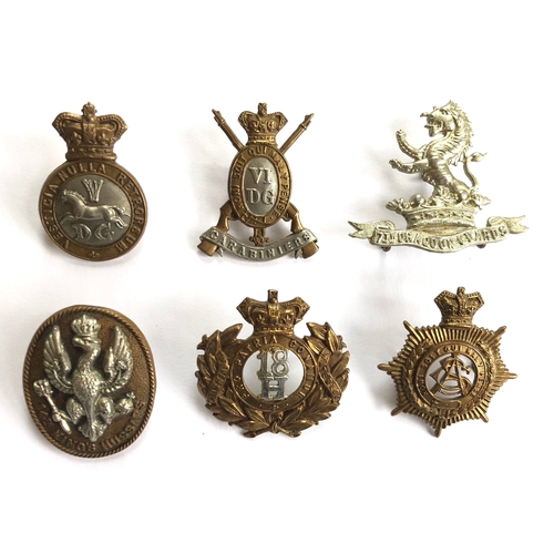 482 - 5 Victorian Cavalry cap badges and another; 5th Dragoon Guards ... 6th Dragoon Guards ... 7th Dragoo... 