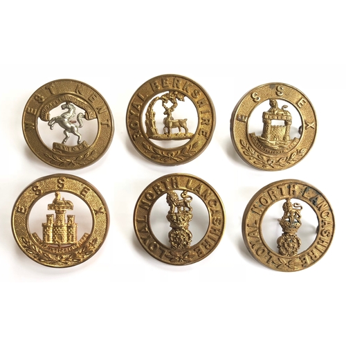 484 - 6 post 1881 Infantry helmet plate centres.  West Kent ... Royal Berkshire ... Essex (2 tower) ... Es... 