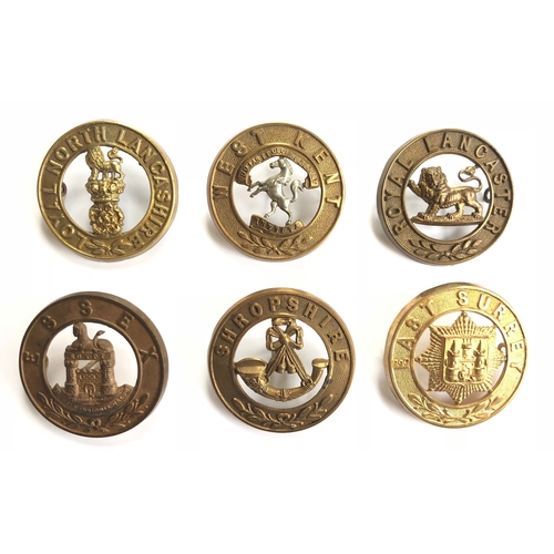 485 - 6 post 1881 Infantry helmet plate centres.  Loyal North Lancashire QVC ... West Kent ... Royal Lanca... 