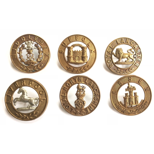 487 - 6 post 1881 Infantry helmet plate centres.  Middlesex (3 loops) ... Suffolk (2 tower) ... Royal Lanc... 