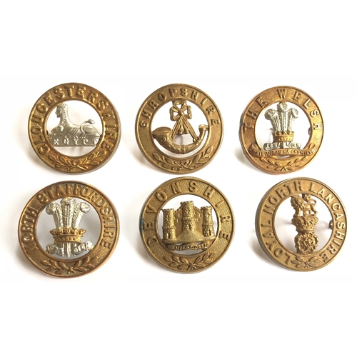 489 - 6 post 1881 Infantry helmet plate centres.  Gloucestershire ... Shropshire ... The Welsh ... North S... 