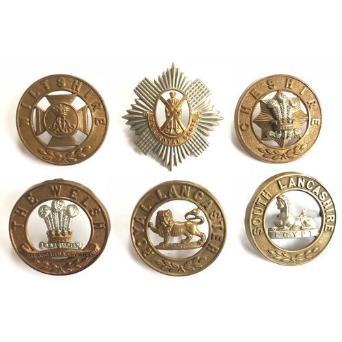 490 - 6 post 1881 Infantry helmet plate centres.  Wiltshire ... Royal Scots  ... Cheshire ... The Welsh ..... 