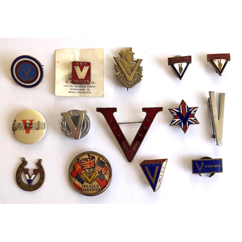 491 - 14 Home Front WW2 Victory Lapel Badges.  Including HMV (His Master's Voice) ... AEC Trucks ... Churc... 