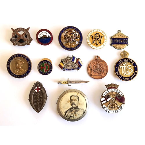 493 - 14  Home Front WW1 Patriotic Etc. Lapel Badges.  Including Old Contemptibles ... Salonika ... A Unit... 