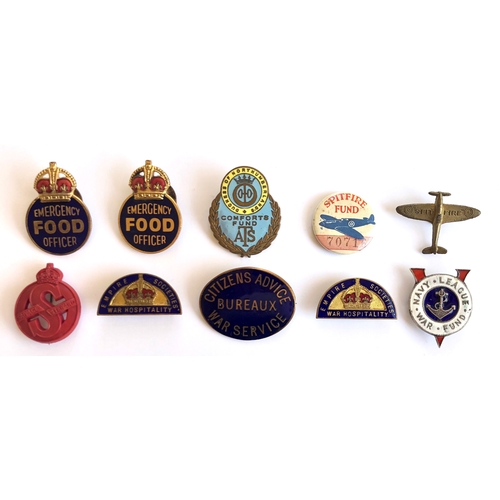 495 - 10 Home Front Etc. WW2 Lapel Badges.  Including 2 x Emergency Food Officer ... ATS Comforts Fund ...... 