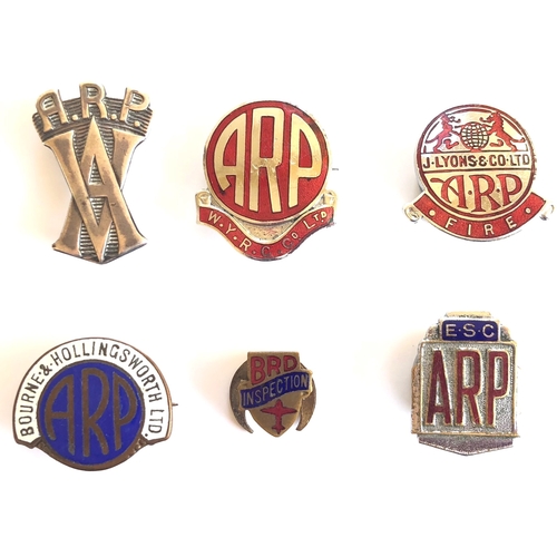 496 - 6 Home Front ARP Factory Etc. WW2 Lapel Badges.  Including Armstrong Vickers (Silver 1938) ... A.RP ... 