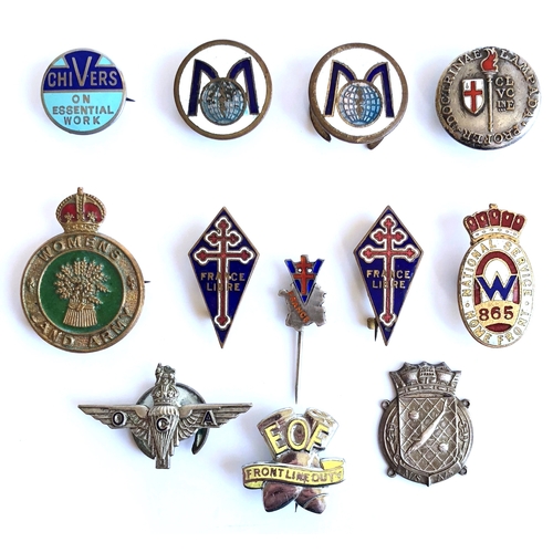 499 - 12 Home Front National Service Free French Etc. WW2 Lapel Badges.  Including Chivers On Essential Wo... 