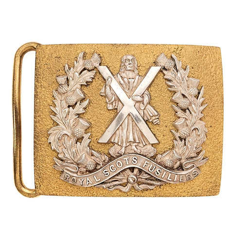Royal Scots Fusiliers Officer's post 1881 waist belt plate.   Good scarce seeded gilt rectangular plate mounted with silver St.Andrew and the Cross with thistle sprays bearing scroll inscribed ROYAL SCOTS FUSILIERS. Fixed belt loop present, detachable belt loop now absent. VGC
