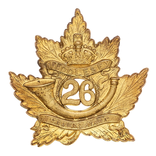 76 - Canadian 26th Middlesex Light Infantry glengarry cap badge.  Good scarce die-stamped brass  Maple le... 