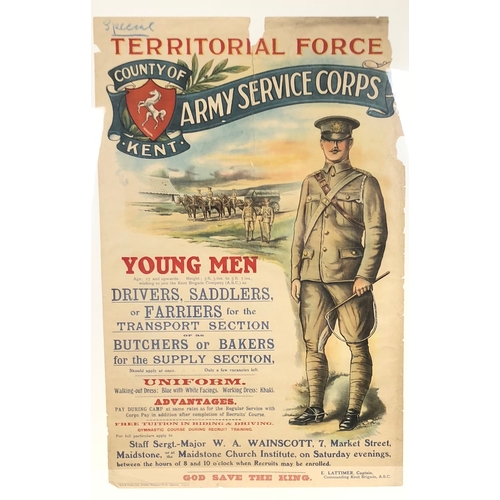 129 - WW1 Kent Territorial Army Service Corps Recruiting Poster.   A rare colour printed illustrated recru... 