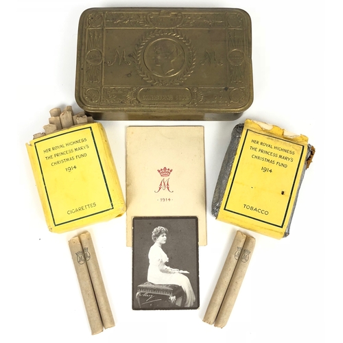 131 - WW1 1914 Princess Mary Gift Tin & Contents  The tin is complete with tobacco and the packet for the ... 