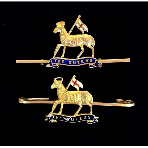 143 - 2 Queen's Royal West Surrey gold Regimental Sweetheart Brooches. Two examples depicting the Regiment... 