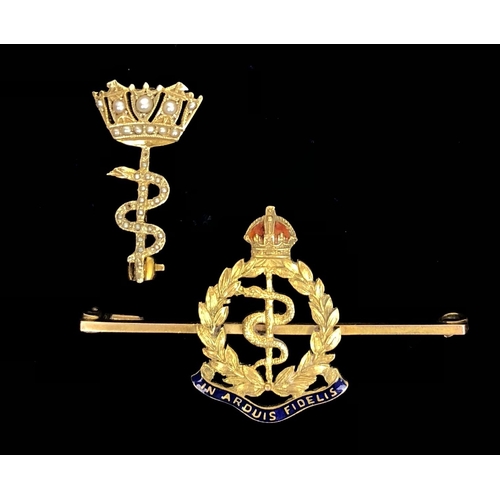 145 - Royal Naval Medical Service & RAMC Gold Regimental Sweetheart Brooches. A good quality gold and ... 