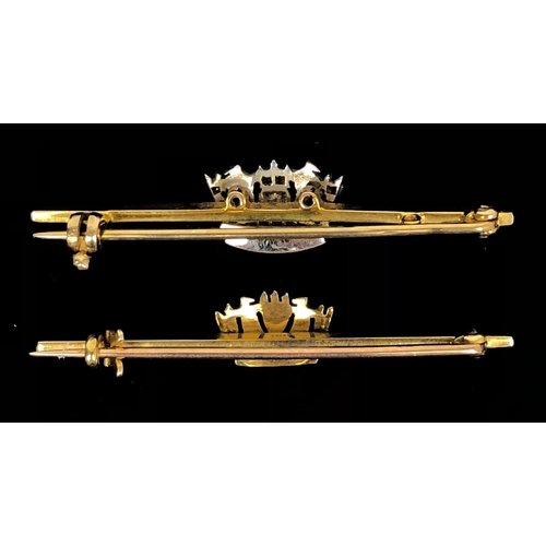 147 - 2 Royal Navy Nautical Crown Gold Sweetheart Brooches. The first with cut stone decoration stamped JW... 