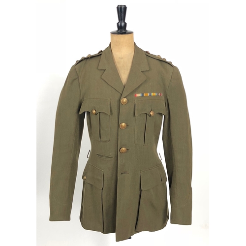 South Irish Horse, Army Military Pioneer Corps Officer's Attributed Tunic Uniform Jacket. This tunic was worn by Captain J Sharp who served with the South Irish Horse during the Great War and as a Reserve Officer served with the newly formed Army Military Pioneer Corps from 1940 to 1945. The service dress tunic is tailored with a ticket pocket and fitted with South Irish Horse buttons (1 large and 1 small absent). To the shoulder straps, Captain rank stars, and medal ribbons of a 1914/15 Star Trio and Special Constabulary medal. The interior pocket with a tailors label of F.A. Stone and Sons London. Ink name Lieut. J Sharp A.M.P.C 2740. Scattered moth, Collar Badges absent. Captain John Sharp served in the ranks of the Gloucestershire Hussars, before he was commissioned into the South Irish Horse on the 21st December 1916. He saw overseas service from April 1915 and is noted as being attached to the RFC / RAF In 1940 serving on the Officer Reserve List he was granted a commission in the Army Military Pioneer Corps, later Army Pioneer Corps in May 1940 in the 1945 Army list is shown as a Captain.