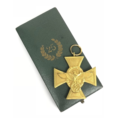 German Third Reich cased Police Service Cross 1st Class for 25 years.  A fine scarce cased example. Gilt Maltese cross bearing Police wreath eagle and swastika to centre, reverse inscribed Fur treue dienste in der Polizei, lacking ribbon. Complete in green case of issue, the lid embossed with gold 25 within a wreath. VGC        Instituted 30th January 1938 and designed by Professor Klein.