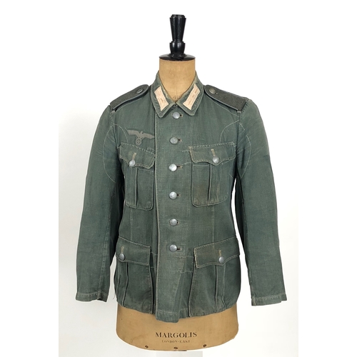 287 - German Third Reich WW2 Army reed green denim Field Service Tunic.  Good scarce four pocket issue com... 