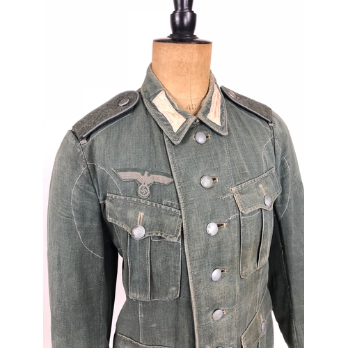 287 - German Third Reich WW2 Army reed green denim Field Service Tunic.  Good scarce four pocket issue com... 