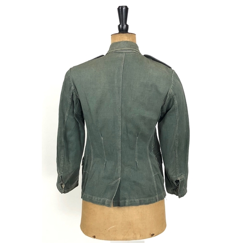 287 - German Third Reich WW2 Army reed green denim Field Service Tunic.  Good scarce four pocket issue com... 