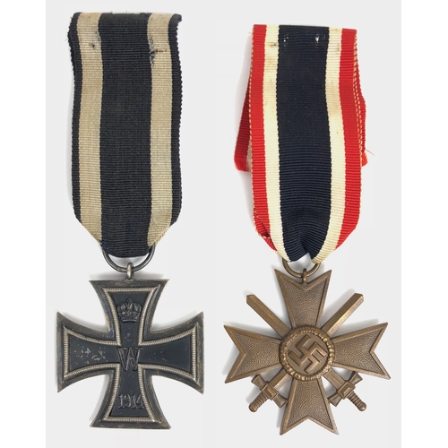 293 - Imperial German 1914 Iron Cross 2nd Class and 1939 War Merit Cross.  Good example in unmarked silver... 