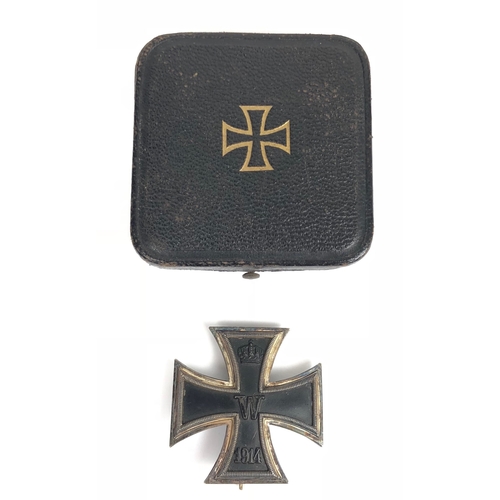 German Imperial cased convex 1914 Iron Cross 1st Class by Godet, Berlin.  Fine example with silvered frame and magnetic iron core. Reverse, with hinged tapered flat pin impressed GODET BERLIN and securing hook. Hook to either side of thefine (one now absent). Housed in original case, the fitted interior with purple velvet base and cream silk upper, the lid impressed with outline of the award. GC