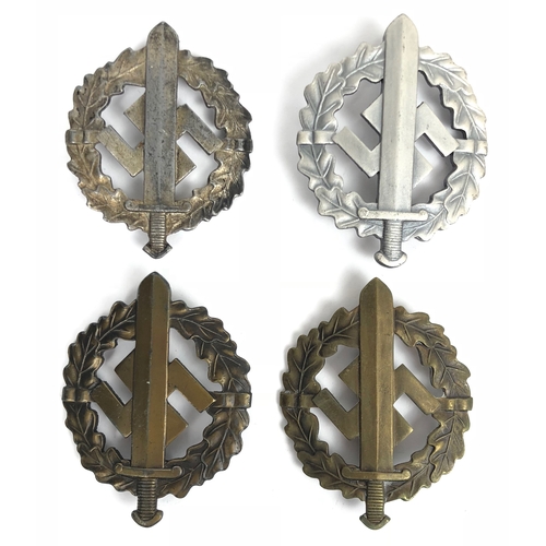 German Third Reich Stormtrooper SA Sports Badges, 2nd and 3rd Classes.  Good scarce silvered 2nd Class award. circa 1939-44 by W. Redo, Saur-Lautren. Upright Gladius style sword superimposed on swastika within oak wreath wreath. Hinged pin and securing hook to reverse with bears in relief Eigentum d. OBERSTEN sa. -FUHRUNG  ... similar numbered 22496 with little finish by Lauer of Berlin ... 2 x bronze issues, both maker marked, numbered 81996 and 288115. Complete with needle pin and securing hook. GC (4 items)