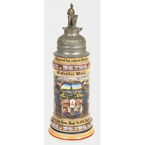 363 - Imperial German 109th Infantry Regiment 1912-14 Beer Stein.  A very good and colourful decorative wh... 