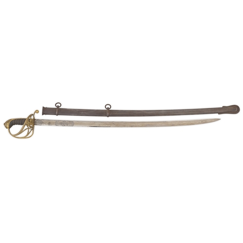 William IV General Officer / Staff Officer Pattern Sword.  A rare and good example with a slightly curved piped back blade. This with an etched WIVR panel, also a panel of etched with cutler’s details of “William Deakin”. The hilt with gilt open guard mounted with a General Officer’s device. Housed in original steel scabbard fitted with two loose rings. Good clean condition, Etching very clear.
