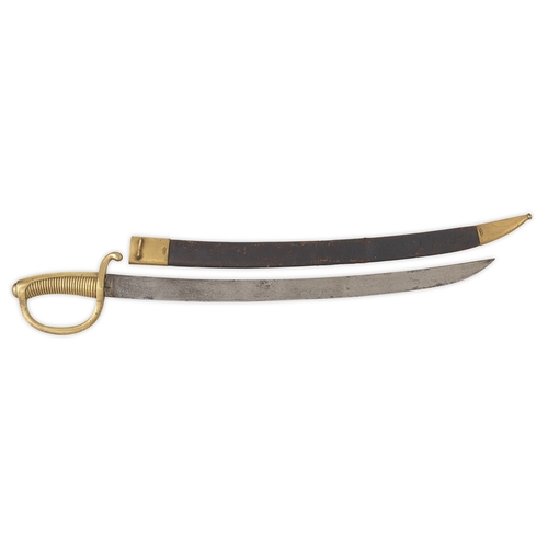French 1809 pattern Infantry Hanger.  A good example with Single edged flat curved  blade, with cutler's details to the forte.  Solid brass hilt with knuckle bow and ribbed grip. This with stamp "V1837". Complete with black leather and brass mounted scabbard. Overall GC