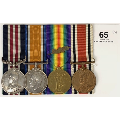 65 - WW1 Royal Garrison Artillery Military Medal Group of Four Medals.  Awarded to 