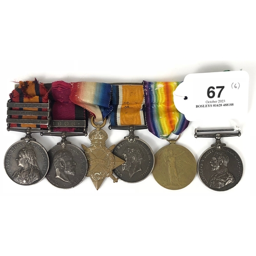 Natal Carbineers Boer War / Natal / WW1 Officer's Medal Group of Five.  Awarded to Quarter Master Lieutenant T.B.Willoughby. Queen's South Africa Medal, clasps "Tugela Heights", "Relief of Ladysmith", "Transvaal", "499 TPR T.B. WILLOUGHBY NATAL CARB'NRS", Natal Medal, clasp "1906", "STF SGT NATAL SERVICE CORPS", 1914/15 Star, "LT SASC SUPPLIES", British War Medal, Victory Medal (Bilingual), "LT", Colonial Auxiliary Forces Long Service Medal (GVR) "TEMP LT SUP LIST A.C.F." The group remains part mounted as originally worn, ribbons fragile. Contact knocks.        Quarter Master Lieutenant T.B.Willoughby clasp entitlement for service during the Boer War is confirmed, during the Natal Campaign he was Mentioned in Despatches and is noted as being appointed QM Lieutenant on the 16th October 1914.