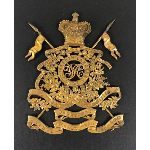 93 - 16th Queen's Lancers Victorian Officer's undress Sabretache ornament.  Fine rare gilt crowned multi-... 