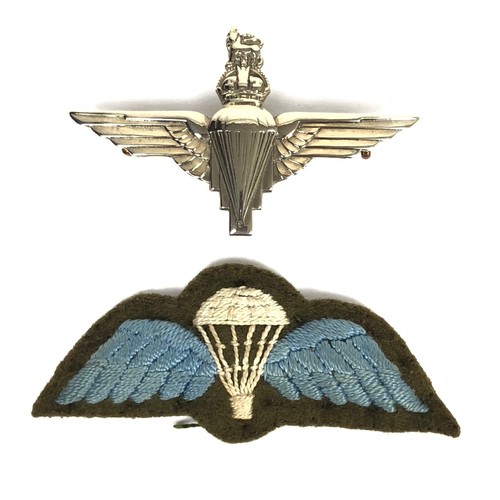 WW2 Parachute Regiment & Qualification Wings.  The qualification are padded with original backing cloth. GC ... Accompanied by a die-stamped Parachute Regiment cap badge complete with loops polished (2 items)