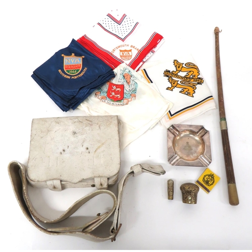 Small Selection Of Various Items
including silvered ashtray "383 FD Regt RA 1964" ... White metal, Vic crown, Royal Berkshire swagger stick top ... Royal Artillery riding crop ... Buff leather, Musician's pouch ... 4 x modern silk commemorative scarves.  