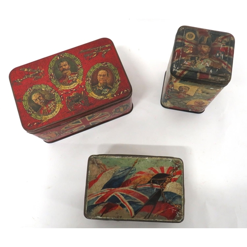 178 - Three WW1 Patriotic Transfer Printed Tins
consisting rectangular example.  The lid with Kitchen... 