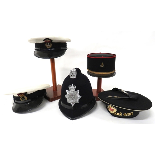 200 - Five Various Police And Naval Hats
consisting post 1953 Thames Valley Police helmet.  Top comb ... 