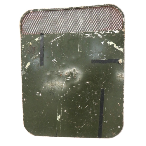 269 - Early Post War Army Riot Shield
green painted, rectangular alloy shield.  The top with mesh vis... 