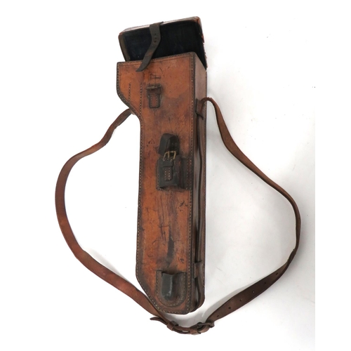 WW1 Period Trench Periscope Case
fitted leather case.  The front exterior with strap to secure the wooden handle.  Leather strap.  Minor damage. 