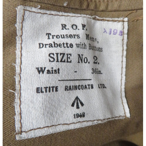 301 - WW2 Royal Ordnance Factory Jacket And Trousers
khaki tan cotton, single breasted tunic with low coll... 