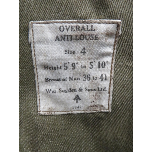 310 - Unusual 1942 Dated Anti Louse Overalls
green denim, full hooded suit.  Open top pocket to chest... 