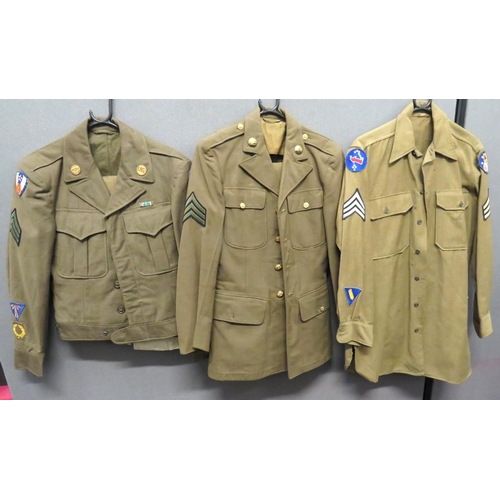 Selection Of WW2 Pattern American Air Force Uniforms
consisting khaki, single breasted, open collar, "Ike" short jacket.  Brass, US Air Force collar discs.  Embroidery 9th Air Force badges.  Sergeant stripes ... Khaki, single breasted, open collar, service dress tunic.  Brass, US Air Force collar discs.  Sergeant stripes ... 3 x pairs khaki trousers ... Khaki shirt.  Embroidery 5th Air Force badges.  Embroidery Sergeant stripes.  