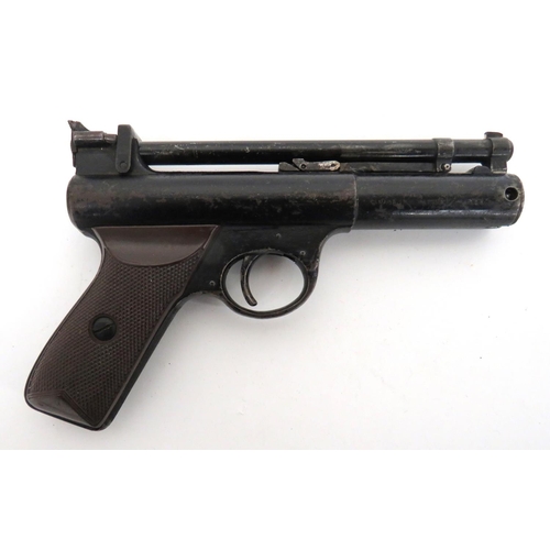 401 - Webley Senior Air Pistol
.22, 6 1/2 inch, blackened, lift up cocking barrel.  Front blade sight.  Re... 