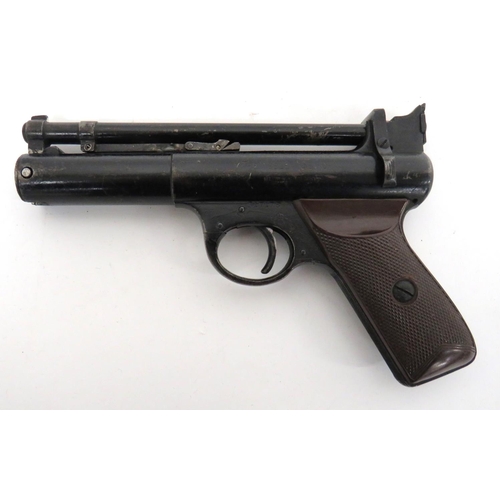 401 - Webley Senior Air Pistol
.22, 6 1/2 inch, blackened, lift up cocking barrel.  Front blade sight.  Re... 