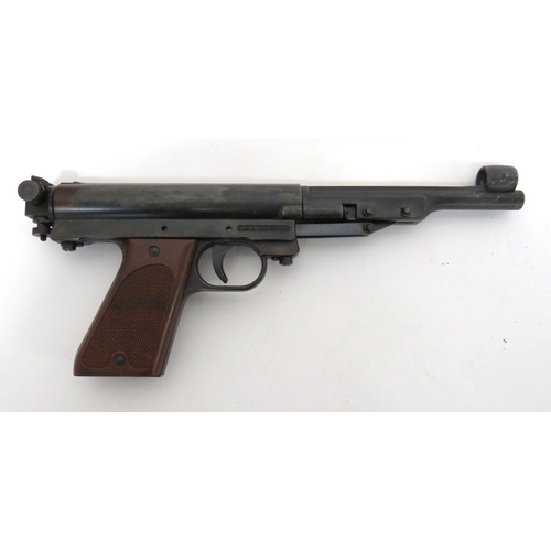 405 - German Record Air Pistol
.177, 5 1/4 inch, blackened, hinged barrel.   Front hooded sight. &nbs... 